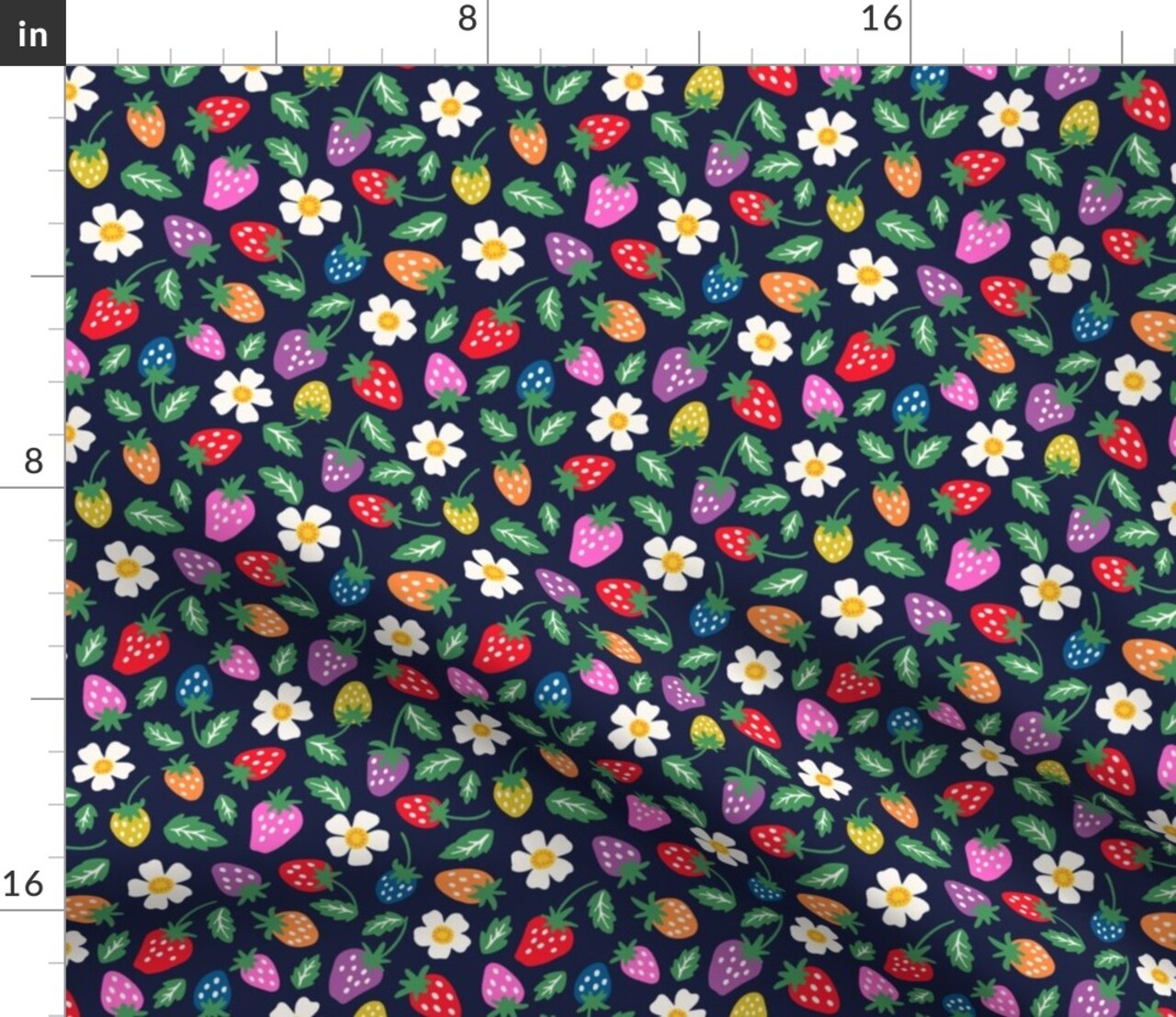 Summer Strawberry Bright Colorful White Flowers Small Scale Happy Whimsical Custom Printed Fabric by Spoonflower Various Fabrics by the Yard or Fat Quarter